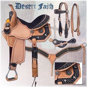 Western Barrel Saddle Pkg - Desert Faith Motiff - 13",14",15",16" - Black Suede