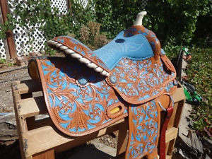 12" BLUE WESTERN HORSE BARREL RACER YOUTH SHOW LEATHER PLEASURE TRAIL SADDLE