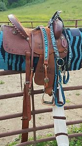16" trophy  barrel saddle + zebra tack (headstall breast collar +)