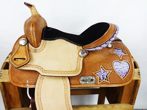 15" PURPLE GATOR HEART & STAR ROUGH OUT LEATHER WESTERN RACER HORSE SADDLE TACK