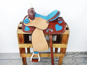 14" TURQUOISE HEART BLING ROUGH OUT HORSE LEATHER WESTERN RACER SADDLE TACK