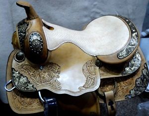 full grain leather rawhide covered tree golden plated custom 16" western saddle
