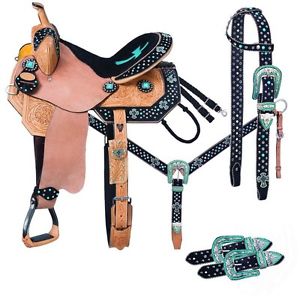 14 Inch CHEYENNE Western Barrel Saddle 5 Piece Pkg Black-Teal Cross Silver Royal