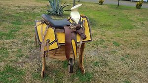 15" Montura Charra - Mexican Saddle - Horse Saddle- Brown/Yellow #27001