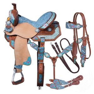 14 Inch MACAELAH Western Barrel Saddle 5 Piece Pkg "Hand Painted" Silver Royal