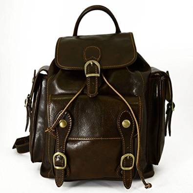 Italian Genuine Leather Backpack For Man With 2 Side Pockets Color Dark Brown - Made In Italy Leather Bags