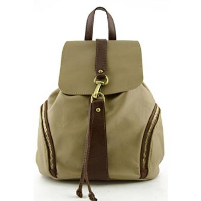 Italian Leather Woman Backpack, Carabiner Closure Color Taupe Brown - Made In Italy Leather Bags