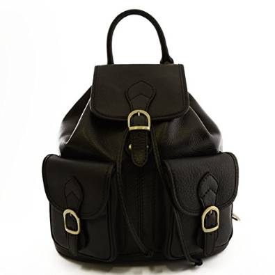 Italian Genuine Leather Backpack, 2 Front Pockets Color Black - Made In Italy Leather Bags