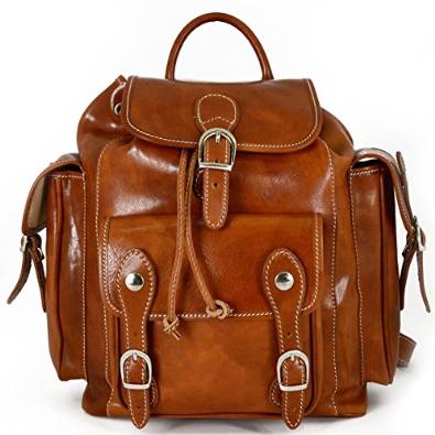 Italian Genuine Leather Backpack For Man With 2 Side Pockets Color Cognac - Made In Italy Leather Bags
