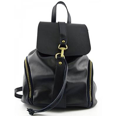 Italian Leather Woman Backpack, Carabiner Closure Color Dark Blue - Made In Italy Leather Bags