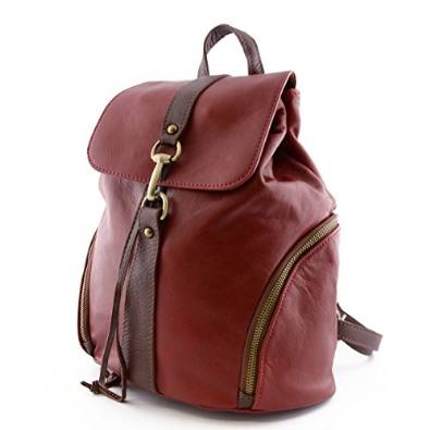 Leather Woman Backpack, Carabiner Closure Red Brown - Made In Italy