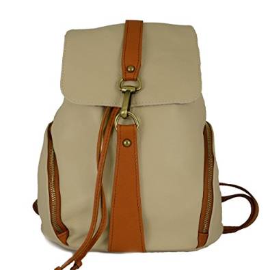 Italian Leather Woman Backpack, Carabiner Closure Color Beige Cognac - Made In Italy Leather Bags