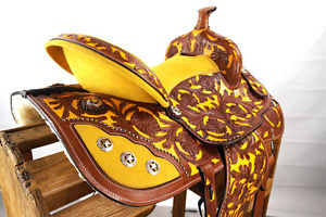 16" YELLOW LEATHER SUNFLOWER SUEDE WESTERN BARREL RACER PLEASURE TRAIL SADDLE