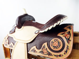 CUSTOM 15" WESTERN ROUGH OUT LEATHER 2 TONE BARREL RACER TRAIL HORSE SADDLE TACK
