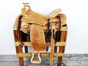 17" WESTERN LEATHER TOOLED WADE ROPING RANCH TRAIL COWBOY HORSE SADDLE TACK
