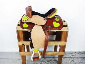 15" LIME GREEN WESTERN OSTRICH BARREL RACING LEATHER SHOW HORSE SADDLE TACK