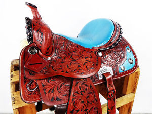 14" TURQUOISE WESTERN OSTRICH LEATHER BARREL RACING HORSE TRAIL SHOW SADDLE TACK