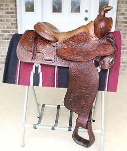TEX TAN HEREFORD 16" Vintage WESTERN SADDLE > BEAUTIFUL TOOLED LEATHER PATTERN