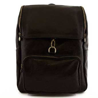 Italian Genuine Leather Backpack With Zip Closure And Carabiner Color Black - Made In Italy Leather Bags