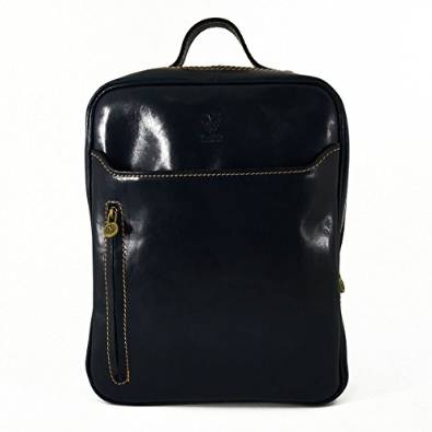 Italian Genuine Leather Backpack With Front Pockets Color Blue - Made In Italy Leather Bags