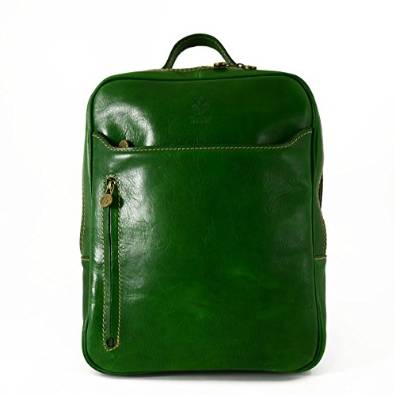Italian Genuine Leather Backpack With Front Pockets Color Green - Made In Italy Leather Bags