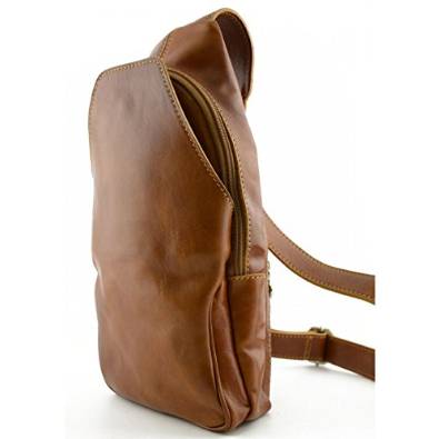 Italian Genuine Leather Mono-Shoulder Backpack With Front Pocket Color Honey - Made In Italy Leather Bags