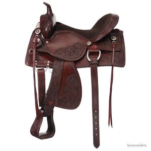 18 Inch Western Old Time Trail Saddle - Dark Oil Leather - Suede Leather Seat