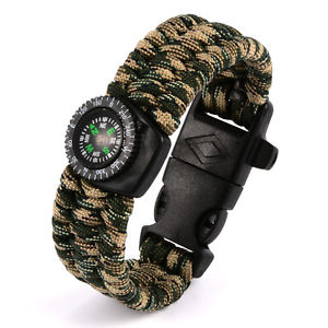 Useful Waterproof Paracord Whistle Fire Flint Compass Wristband Kit Gear Camo