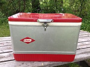 1948 Red/Silver Coleman Cooler Metal Chest Cooler with Handles Diamond Pattern