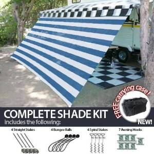 8' x 20' RV Awning Shade (Blue and White) Complete Kit with Carry Bag Canopy Shelter Screen Panel and Awning Maintenance Manual Motor Home Trailer Awning Shade