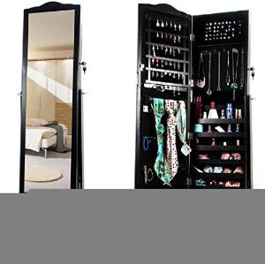 Cherry Queen Black Wood Glass Mirrored Jewelry Armoire Cabinet Stand Mirror Necklace Bracelet