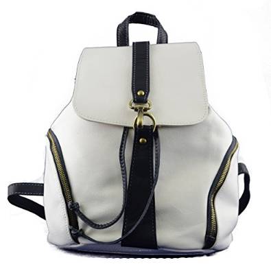 Italian Leather Woman Backpack, Carabiner Closure Color White Blue - Made In Italy Leather Bags