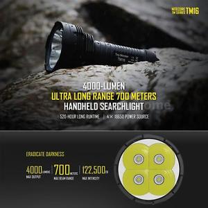 TM16 LED Flashlight Torch 4000 LM 700M  Runtime 5 Levels 3 Modes 520H Nice I2I4
