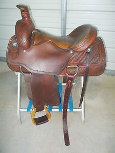 17" J Black Brown roping saddle with tooling and big oak roping stirrups