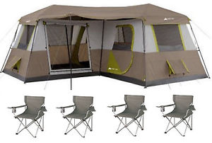 Ozark Trail 12 Person 3 Room L-Shaped Instant Cabin Tent Brown + 4 Chairs Bundle