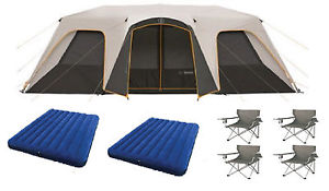 Bushnell 12 Person Instant Cabin Tent + 2 Bonus Queen Airbeds + 4 Chairs Bundle