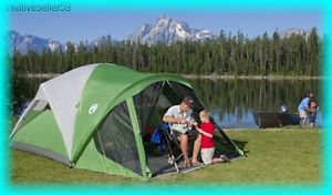 Dome Camping Tent Green 6 People Screen Porch Windows Rain Flap Family Outdoor