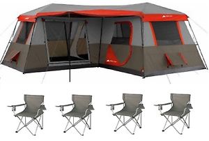 Ozark Trail 12 Person 3 Room L-Shaped Instant Cabin Tent Red + 4 Chairs Bundle