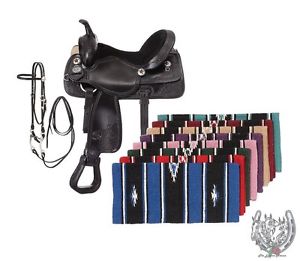 14 Inch Western All Around Saddle Package - Black Leather -Bridle-Reins-Blanket