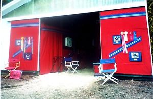 RED/BLUE HORSE SHOW DECOR STALL CURTAINS DRAPES VALANCES DOOR PANELS 14 PIECES