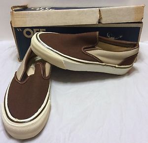Vtg NIB Two Tone Brown Slip On Canvas Vans Shoes Sz 6.5 USA Made Skateboarding