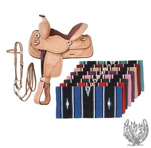 14 Inch Western All Around Saddle Pkg-Light Oil Leather-Bridle-Reins-Blanket
