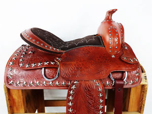 16" WESTERN COWBOY SILVER STAR TOOLED LEATHER SHOW TRAIL PARADE SADDLE TACK