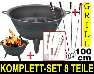 Massive FEUERSCHALE Gußeisen + Grillspieße Feuerstelle Feuerkorb zum Grillen NEU