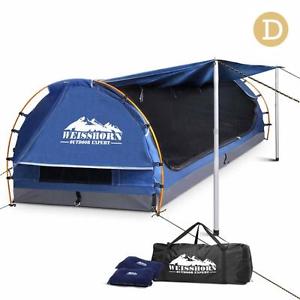 Double Blue Canvas Camping Swag Tent Carry Bag Mattress Aluminium Dome Standing