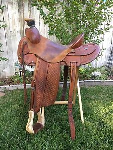 G K Fraker custom ranch saddle association round skirt QHB Roping