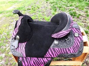 15" PINK ZEBRA TREELESS SUEDE LEATHER CANVAS HORSE WESTERN TRAIL  SADDLE TACK