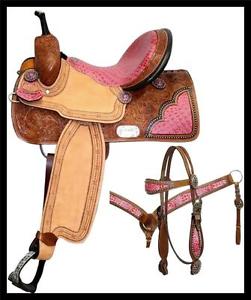 15" DOUBLE T Pink ALIGATOR SHOW  ROUGH OUT WESTERN LEATHER SADDLE 4PC TACK SET