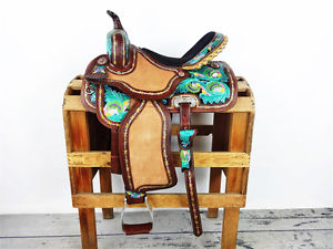 16" TEAL ROUGH OUT LEATHER WESTERN HORSE BARREL RACING SHOW TRAIL SADDLE TACK