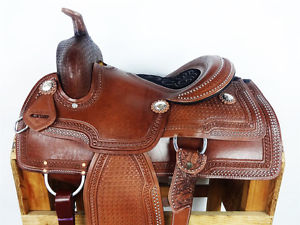 15" BROWN WESTERN HORSE COWBOY SILVER PLEASURE TRAIL RANCH LEATHER SADDLE TACK
